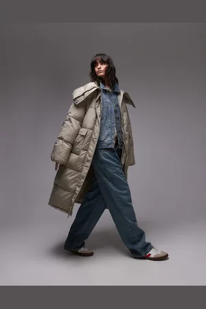 Topshop Chaqueta acolchada larga color con cuello alzado de -Beis neutro