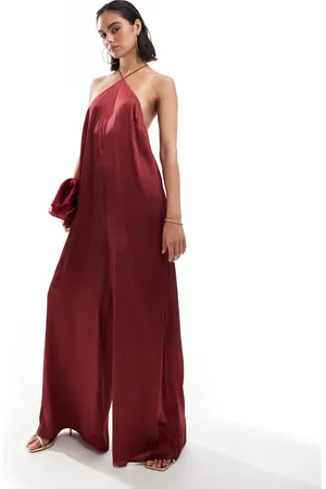 ASOS Mono largo con cuello halter de satén de -Rojo