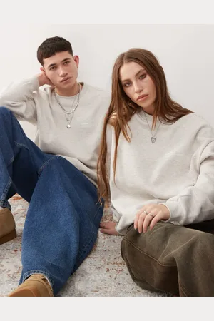 Dr Denim Sudadera color avena unisex holgada con cuello redondo y logo blanco pequeño de tejido grueso Kenan de