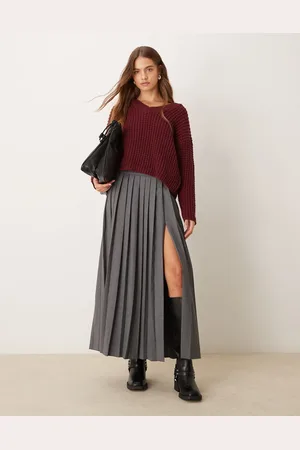 Abercrombie & Fitch Falda larga gris plisada de talle medio con abertura lateral de
