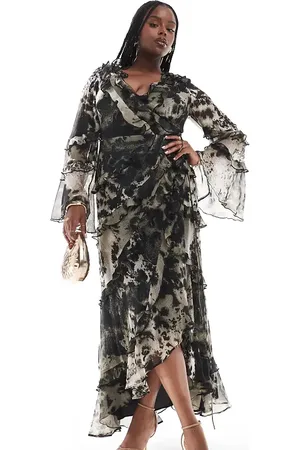 ASOS Vestido midi con bajo asimétrico, volante y estampado exclusivo de ASOS DESIGN Curve-Multicolor