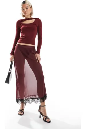 ASOS Falda larga traslúcida de chifón con ribete de encaje de -Rojo