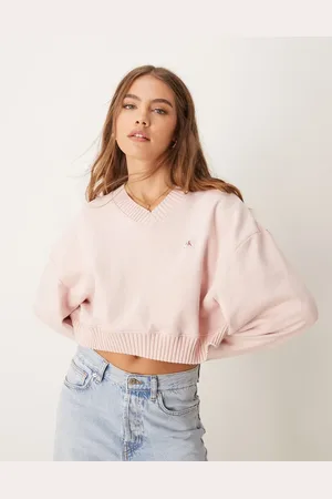 Calvin Klein Sudadera rosa con cuello de pico y parche de tejido de