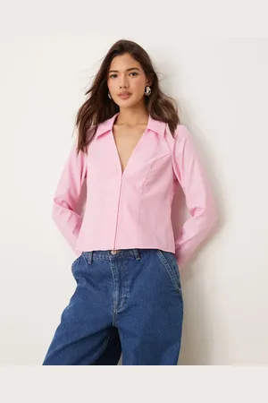 Miss Selfridge Camisa rosa a rayas entallada de popelina de
