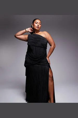 ASOS Vestido largo asimétrico, plisado y fruncido con detalle de lazada premium de ASOS DESIGN Curve