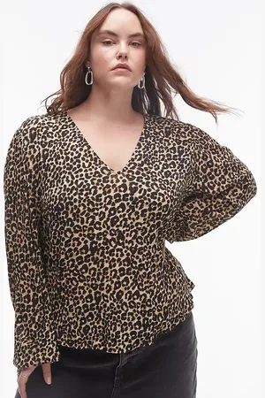 MANGO Top con estampado de leopardo y lazada en el cuello de Curve-Marrón