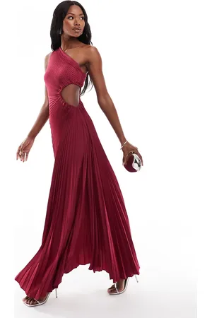 Aria Cove Vestido largo color baya asimétrico con abertura de tejido plisado exclusivo de -Rojo