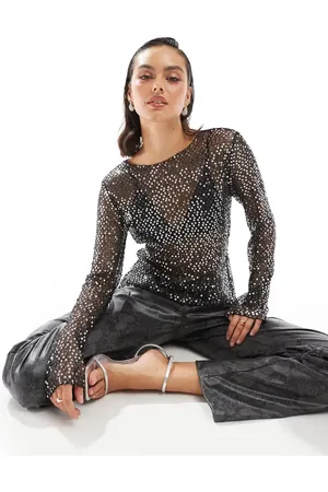 Pieces® Top negro de manga larga de malla con lentejuelas de