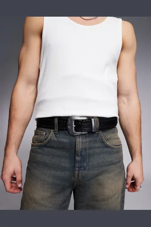 ASOS Cinturón de cuero sintético con hebilla de estilo wéstern y detalles entretejidos de