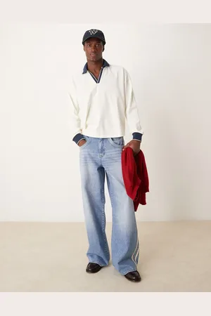 ASOS Polo color crema de corte cuadrado extragrande y manga larga con solapas en contraste de tejido grueso de 240 g/m2 de -Blanco