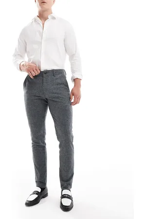 JJ Pantalones de vestir gris melange de corte slim con patrón de espiga de