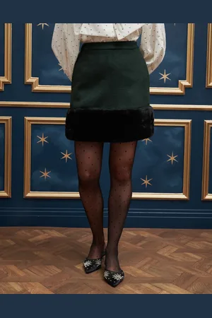 Sister Jane Minifalda verde bosque y negra con ribete de piel sintética en el bajo de (parte de un conjunto)-Negro