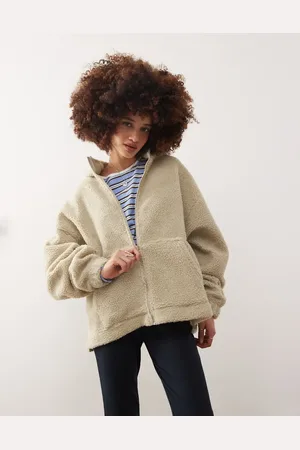 COLLUSION Sudadera color crudo con capucha y cremallera de borreguito de -Beis neutro