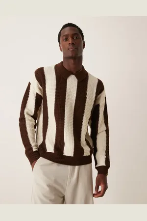 ASOS Jersey a rayas marrones de corte cuadrado holgado con cuello tipo polo de punto de