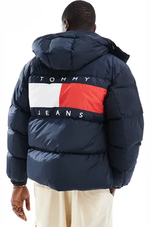 Tommy Hilfiger Chaqueta de plumas azul marino con estampado gráfico de bandera en la espalda Alaska de