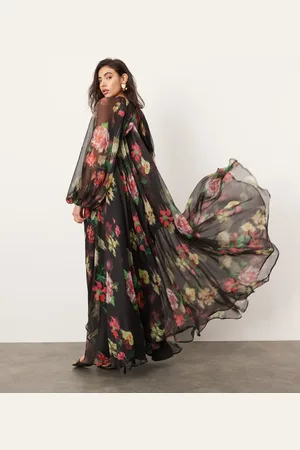 ASOS Vestido largo negro con estampado floral y mangas voluminosas de chifón de -Multicolor