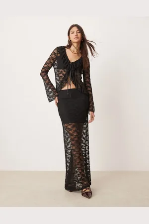 Miss Selfridge Falda larga negra con detalle de encaje de