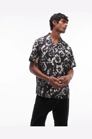 Topman Camisa negra de manga corta con estampado floral de satén de