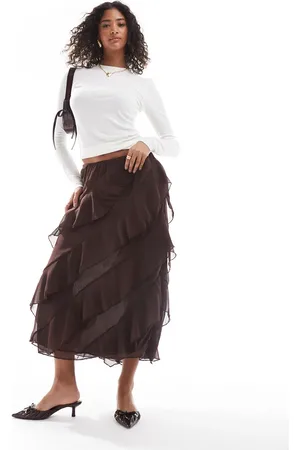 ASOS Falda midi marrón chocolate con volantes de chifón de