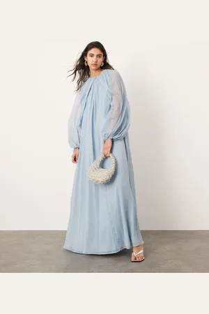 ASOS Vestido largo azul empolvado con mangas voluminosas de chifón de -Rojo
