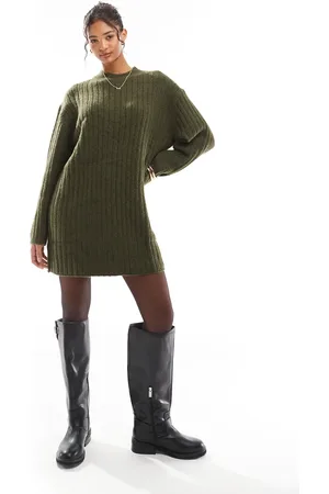 ASOS Vestido corto con cuello redondo de punto de canalé ancho de -Verde