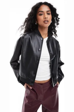 Style Cheat Chaqueta bomber negra con botones de poliuretano de