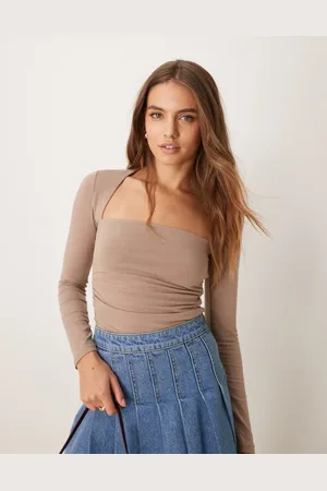 Abercrombie & Fitch Top gris topo fruncido de manga larga sin costuras con cuello cuadrado de