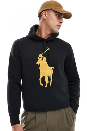 Ralph Lauren Sudadera negra con capucha y logo de jugador dorado grande de