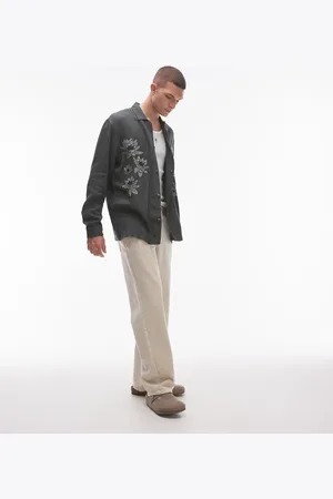 Topman Camisa color cerceta de manga larga bordada en la parte delantera de -Verde
