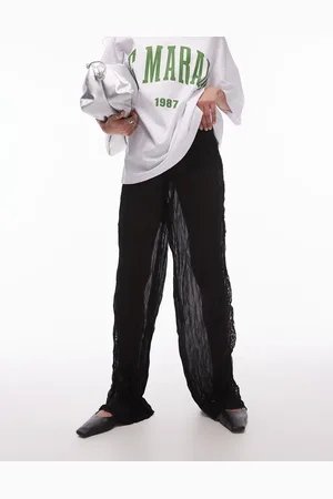 Topshop Pantalones negros de pernera ancha de mezcla de encaje de efecto rugoso de