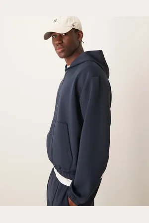 ASOS Sudadera azul marino de corte cuadrado extragrande con capucha y cremallera de tejido efecto neopreno de -Gris