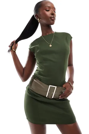 Kaiia Vestido corto con cuello alto y detalle de cinturón extragrande de bengalina de -Verde