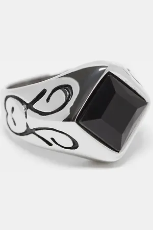 ASOS Anillo tipo sello de acero inoxidable resistente al agua con piedra geométrica negra de