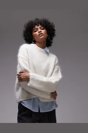 Topshop Jersey blanco de corte cuadrado con cuello redondo de punto de lana de alpaca premium de