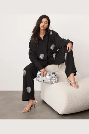 ASOS Pantalones negros de pernera ancha extragrandes con diseño de lunares de flecos de strass de (parte de un conjunto)-Multicolor