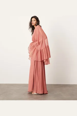 ASOS Vestido largo rosa polvoriento con mangas extragrandes y detalle de volantes en la espalda de chifón de -Multicolor