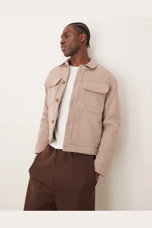 Abercrombie & Fitch Chaqueta de vestir corta tostada de estilo camionero de sarga de mezcla de lana de -Marrón