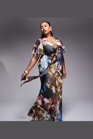 ASOS Vestido midi con , mangas fluidas y detalle de lazada exclusivo de ASOS DESIGN Curve-Multicolor