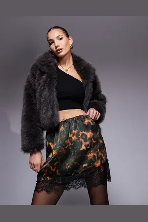 River Island Minifalda con estampado de leopardo de satén con ribete de encaje de -Beis neutro
