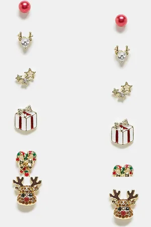 Pieces® Pack de 6 pares de pendientes de botón de varios colores con diseños de Navidad de renos de