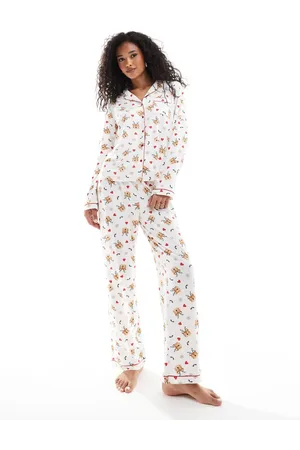 Loungeable Pijama color de Navidad con estampado de renos de punto liso de -Blanco