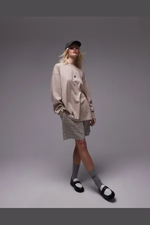 Topshop Camiseta color de manga larga y corta skater con detalle de costuras premium de -Beis neutro