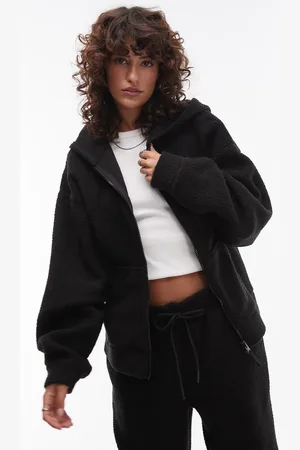 Topshop Sudadera polar negra con capucha y cremallera de borreguito de