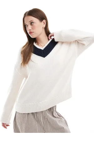 Abercrombie & Fitch Jersey color con cuello de pico en contraste de punto grueso de -Blanco