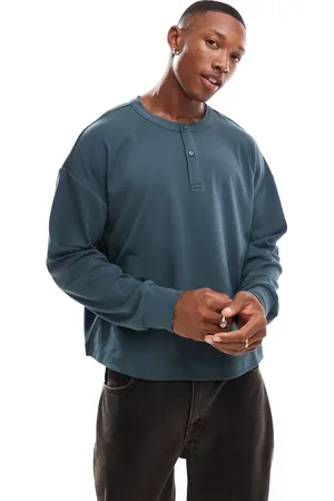 ASOS Camiseta verde de manga larga y corte cuadrado extragrande con cuello panadero de canalé de