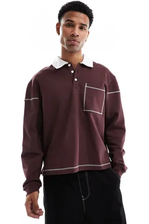 ASOS Sudadera marrón de corte cuadrado y estilo rugby con detalle de costuras en contraste de