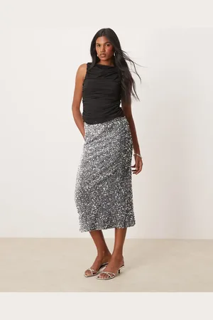 VILA Falda larga gris de velour y lentejuelas de