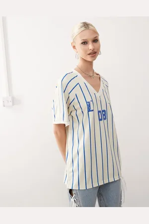 Lioness Camiseta color crema a rayas azules de estilo deportivo con cuello de pico de (parte de un conjunto)-Azul marino