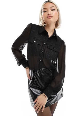 Morgan Blusa negra de tejido transparente con botones dorados y ribetes de tweed en contraste de
