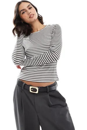 VERO MODA Top gris asfalto a rayas de manga larga de punto acanalado de
